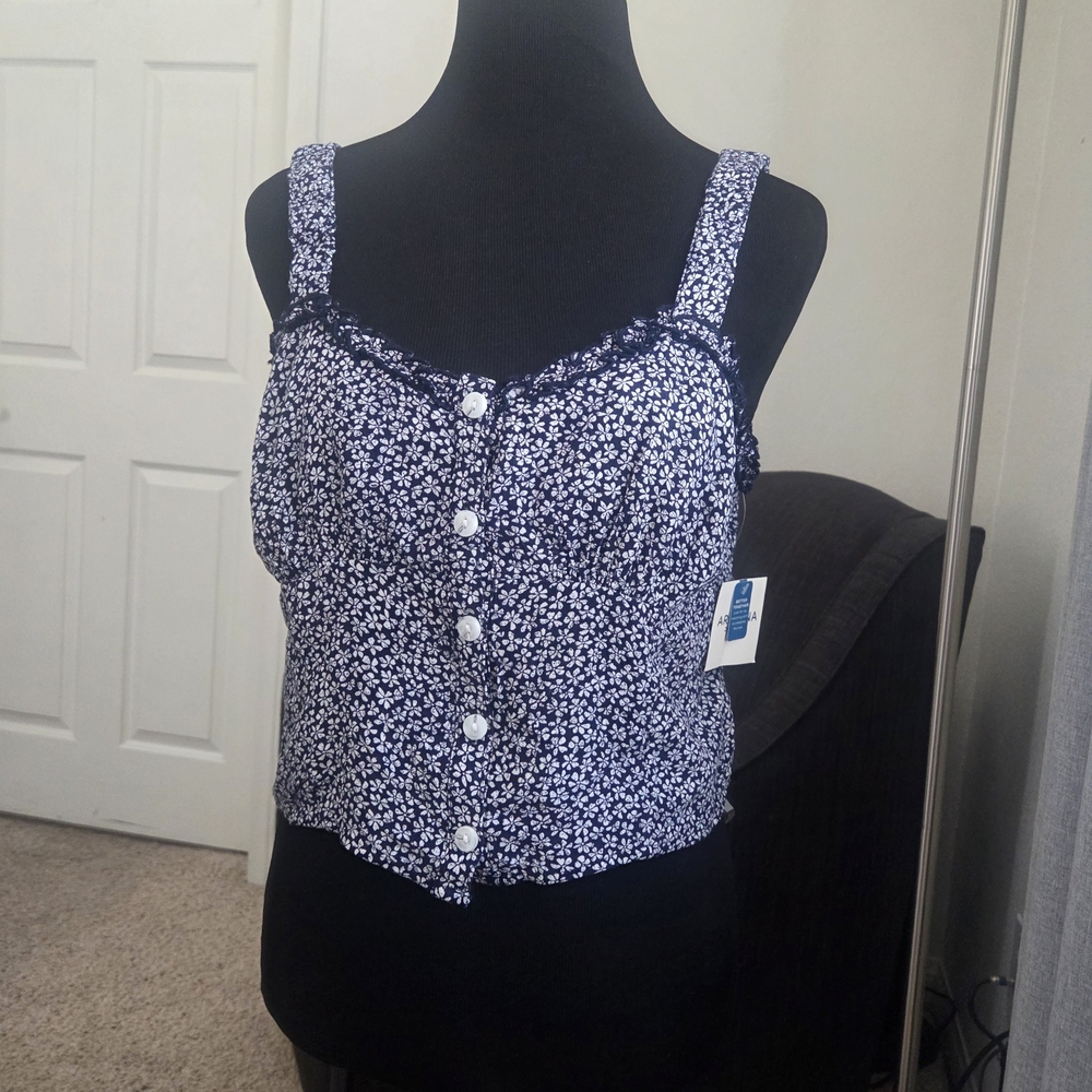Floral Navy Blue Button-Up Women's Top